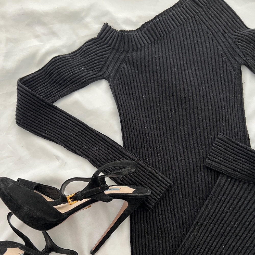 Helmut Lang Black Ribbed Fitted Asymmetrical Neck Dress Medium